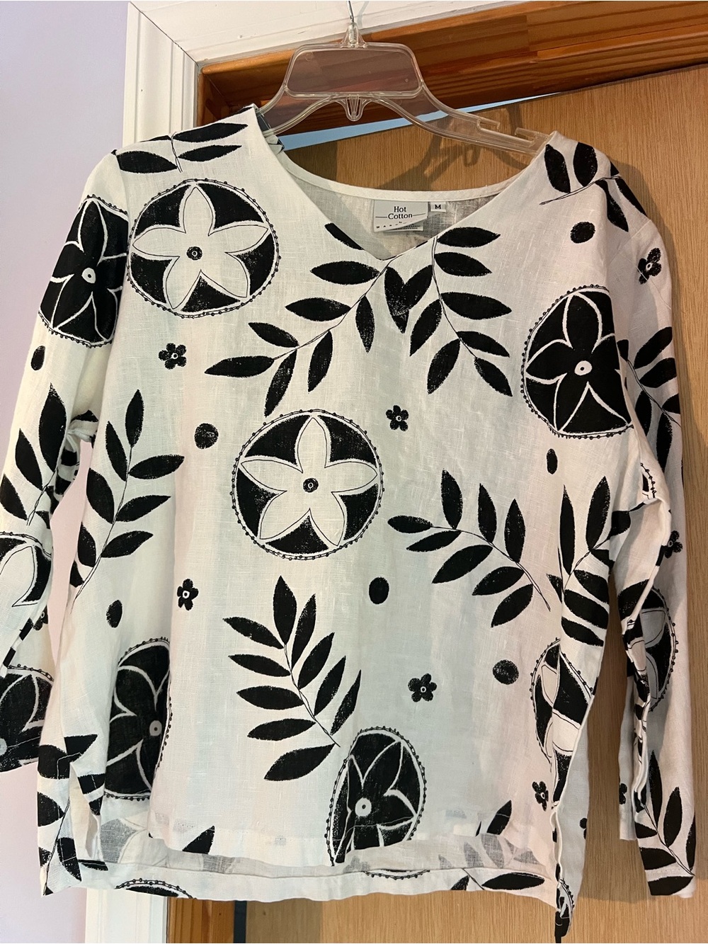 Hot Cotton White Linen Tunic with Black Floral and Leaf Print